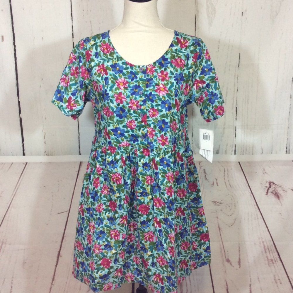 Vintage Sita Cotton Floral Mumu Lounger Pullover Short Dress Blue with‎ Pockets